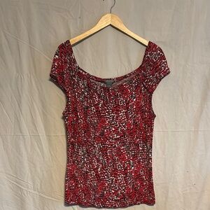 Ann Taylor Red & White Printed Short Sleeve Scoop Neck Top